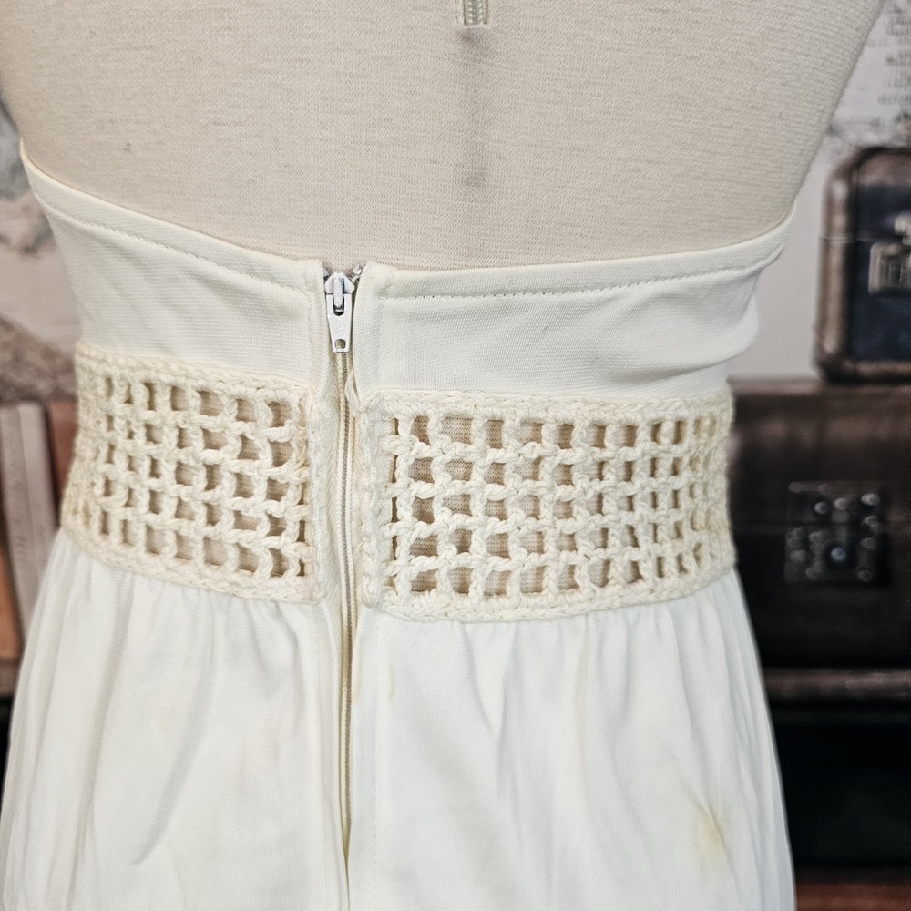 Vintage 1970s Dress Maxi Floor Length Cream Colored Crochet Neckline Inserts - Picture 6 of 15
